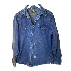 Vintage Men’s Sanforized Pearl Snap Denim Shirt Be Wise Be Satisfied Distressed